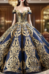 Blue Ball Gown Gold Sequins Off the Shoulder Deep V-neck Evening Prom Dress