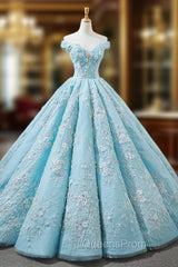 Blue Ball Gown Off The Shoulder Appliques Haute Couture Wedding Dress