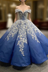 Blue Ball Gown Off the Shouler Appliques Evening Prom Dress