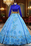 Blue Ball Gown Satin High Neck Long Sleeve Embroidery Quinceanera Dress