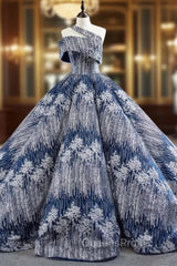 Blue Ball Gown Sequins One Shoulder Long Luxury Evening Prom Dress