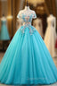 Blue Ball Gown Tulle Short Sleeve Appliques Quinceanera Dress
