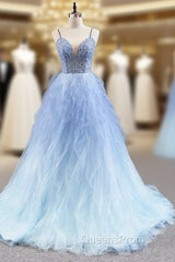 Blue Ball Gown Tulle Spaghetti Straps Beading Evening Prom Dress