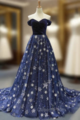 Blue Ball Gown Tulle Star Sequins Off the Shoulder Evening Prom Dress