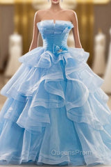 Blue Ball Gown Tulle Strapless Pleats Wedding Dress