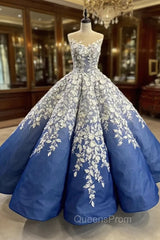 Blue Ball Gown White 3D Appliques Evening Prom Dress