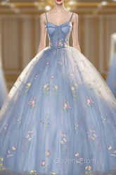 Blue Ball Gown with Scattered Little Flower Evening Prom Dress