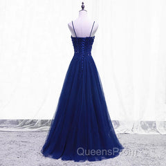 Blue Beaded Straps A-line Tulle New Evening Prom Dress Party Dress, Blue Floor Length Party Dress