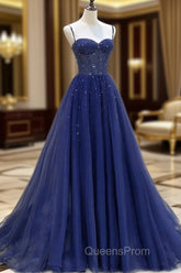 Blue Beaded Sweetheart Tulle A-line Evening Prom Dress, Blue Long Party Dress