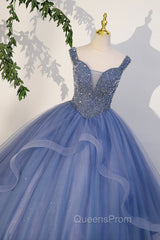Blue Beaded Tulle Long A-Line Evening Prom Dress, Blue Evening Dress