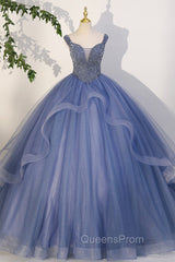 Blue Beaded Tulle Long A-Line Evening Prom Dress, Blue Evening Dress