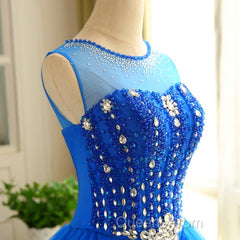 Blue Beaded Tulle Short Cute Homecoming Dress, Blue Short Party Dress Evening Prom Dress