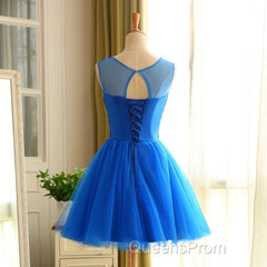 Blue Beaded Tulle Short Cute Homecoming Dress, Blue Short Party Dress Evening Prom Dress