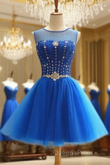 Blue Beaded Tulle Short Cute Homecoming Dress, Blue Short Party Dress Evening Prom Dress