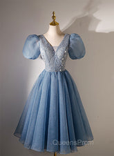Blue Beaded Tulle Short Sleeves Evening Dress, Blue Homecoming Dress Evening Prom Dress