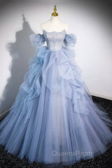 Blue Cascading Ruffles Long Evening Prom Dress, A-Line Strapless Short Sleeve Sweep Train Evening Dress