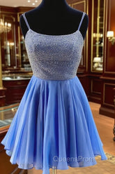 Blue Chiffon Beads Backless Short Evening Prom Dress, Blue Homecoming Dress