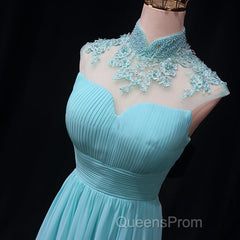 Blue Chiffon Lace And Beaded Cap Sleeves Evening Prom Party Dress, A-Line Chiffon Formal Dress