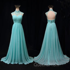 Blue Chiffon Lace And Beaded Cap Sleeves Evening Prom Party Dress, A-Line Chiffon Formal Dress