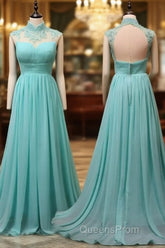 Blue Chiffon Lace And Beaded Cap Sleeves Evening Prom Party Dress, A-Line Chiffon Formal Dress