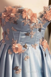 Blue Corset Long Satin Dress With 3D Flowers