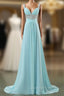 Blue Empire Spaghetti Straps Chiffon Backless Long Evening Prom Dress