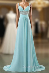 Blue Empire Spaghetti Straps Chiffon Backless Long Evening Prom Dress