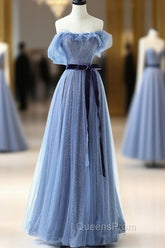 Blue Floor Length Evening Prom Dress, A-line Strapless Tulle Evening Dress