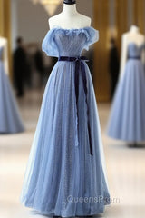 Blue Floor Length Evening Prom Dress, A-line Strapless Tulle Evening Dress