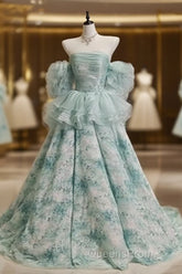 Blue Floral A-Line Strapless Organza Long Evening Prom Dress Graduation Evening Prom Dress