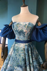 Blue Floral Pattern Long Senior Evening Prom Dress, Off the Shoulder Evening Party Dress