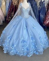 Blue flowers tulle ball gown , chic prom dress