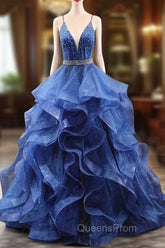 Blue Glitter Tulle Long A-Line Evening Prom Dress, V-Neck Spaghetti Strap Backless Evening Party Dress