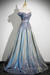 Blue Gradient A-Line Floor Length Evening Prom Dress, Blue Off The Shoulder Evening Party Dress