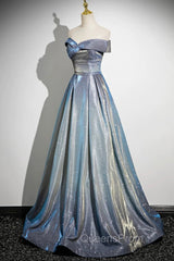 Blue Gradient A-Line Floor Length Evening Prom Dress, Blue Off The Shoulder Evening Party Dress