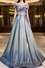 Blue Gradient A-Line Floor Length Evening Prom Dress, Blue Off The Shoulder Evening Party Dress