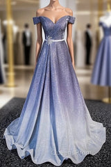 Blue Gradient Off the Shoulder Evening Prom Dress