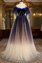 Blue Gradient Tulle Long Evening Dress, Off the Shoulder Evening Graduation Dress