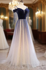 Blue Gradient Tulle Long Party Dress,A-line Off Shoulder Evening Dress