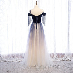 Blue Gradient Tulle Long Party Dress,A-line Off Shoulder Evening Dress