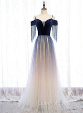 Blue Gradient Tulle Long Party Dress,A-line Off Shoulder Evening Dress
