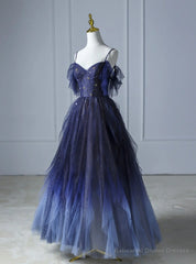 Blue Gradient Tulle Strapls Beading Prom Dress