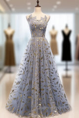 Blue Gray Tulle Gold Feather Strapless Evening Prom Dress