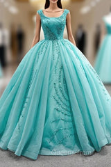 Blue Green Tulle Pleats Beading Pearls Evening Prom Dress