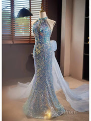 Blue Halter Beading Sequin Mermaid Evening Prom Dress With Detachable Bow