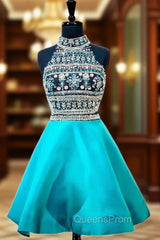 Blue High Neck Beaded Crystals Backless Party Homecoming Dress