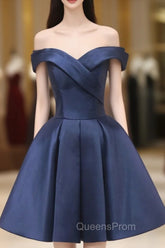 Blue Knee Length Satin Short Evening Prom Dress, Off the Shoulder Blue Homecoming Dress