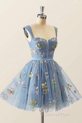 Blue Knee Length Tulle Party Dress, Cute Blue Floral Tulle Homecoming Dress