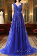 Blue Lace Beading Backless Evening Prom Dress
