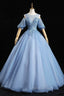 Blue Lace Long A-Line Ball Gown, Blue Evening Party Dress